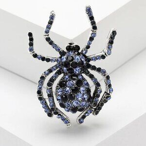 Blue Rhinestone Spider Brooch